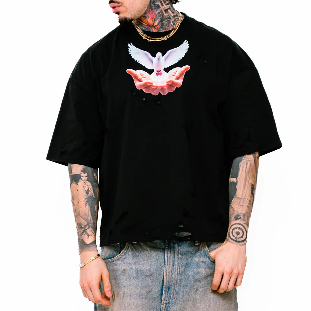 i!P Oversized Cropped Tee ”Flying Dove Black”